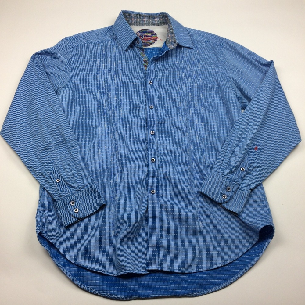 Robert Graham Shirt Mens Large Long Sleeve Embroidered Blue Cotton Geometric